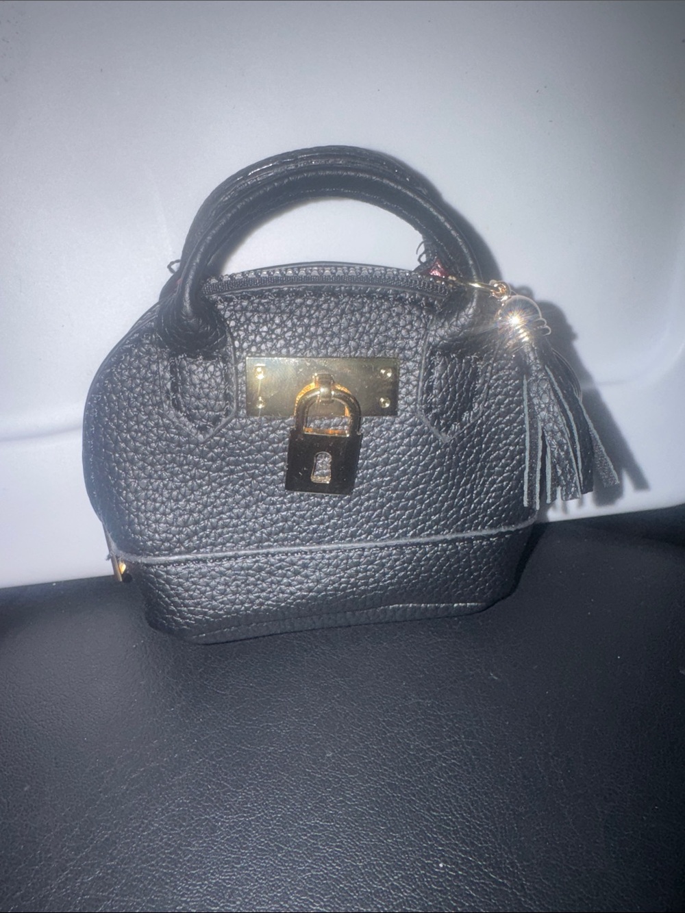 Black Textured Leather Mini Satchel Bag Charm with Gold Lock